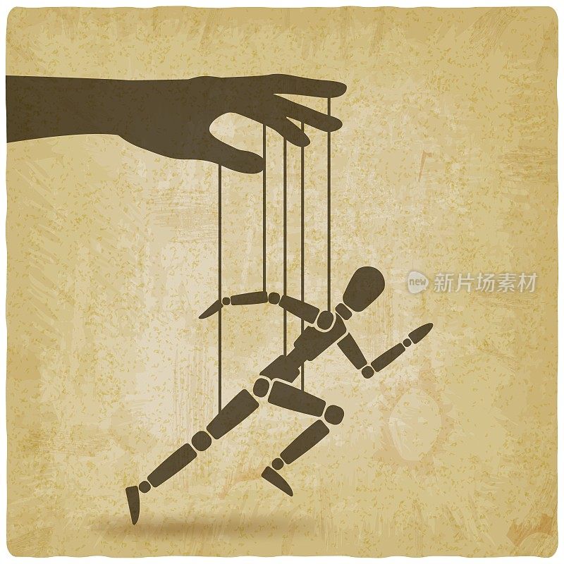 Puppet marionette on ropes is running man vintage background